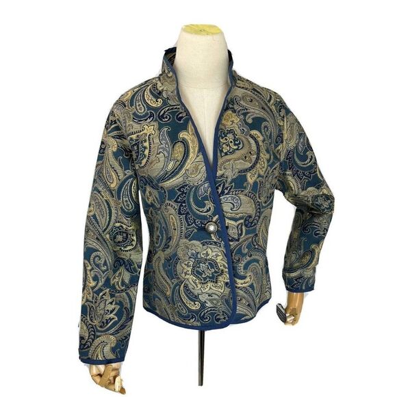 Trimdin Artisan Jacket Size Small Navy Blue Paisley Reversible Jacquard New - Picture 1 of 12